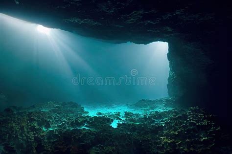 Underwater Deep Cave In Sunlight With Stone Bottom Seascape Stock