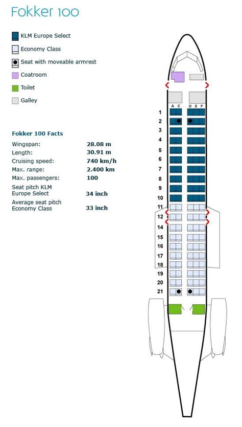 Klm Royal Dutch Airlines Fokker 100 Aircraft Seating Map Klm Royal