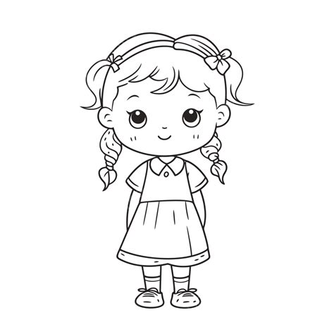 Cute Little Girl With Braids Coloring Page Outline Sketch Drawing