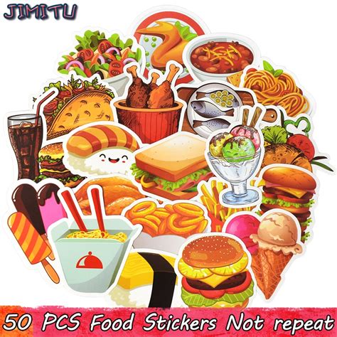 50 Pcs Fast Food Drink Stickers Cartoon Delicious Dessert Diet Creative