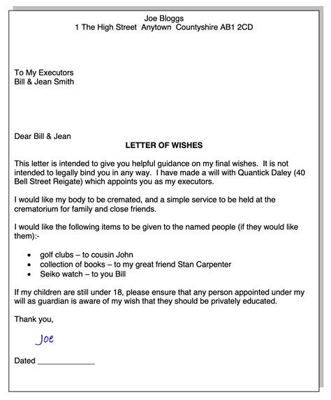 Letter Of Wishes Example Printable Templates