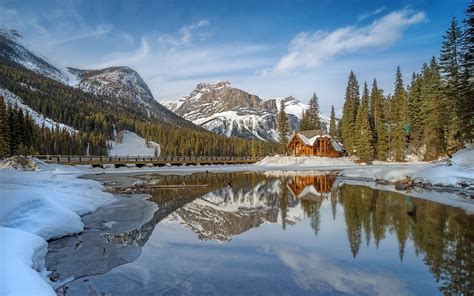 Nature Landscape Lake Cabin Winter Mountains Snow Reflection