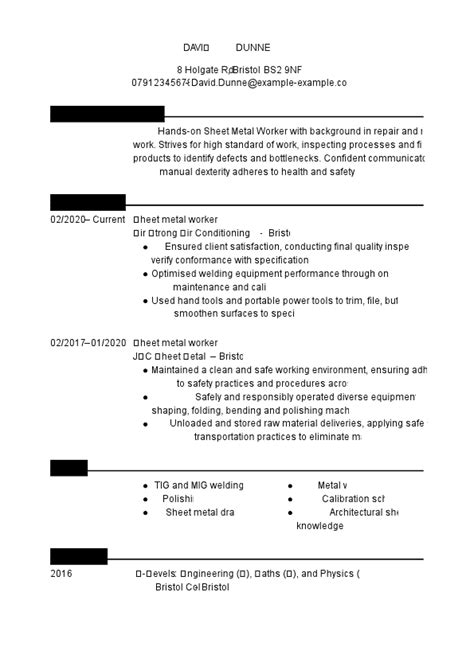Sheet Metal Worker Cv Examples And Templates Myperfectcv