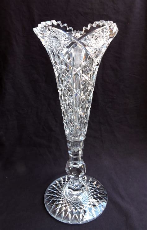 18 Inches Tall Heavy Brilliant Cut Crystal Vase With Footed Round Base