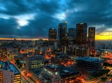 Los Ángeles, California, EE.UU., rascacielos, luces, noche, nubes ...