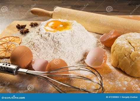 Baking Preparation Eggs Flour Rolling Pin Spices On A Board Stock
