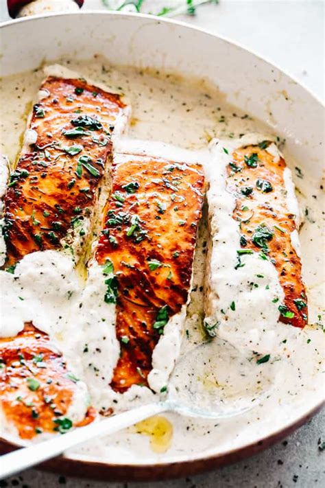You then add the cream to the pan along with the salmon. Pan Seared Salmon Recipe with Lemon Garlic Cream Sauce
