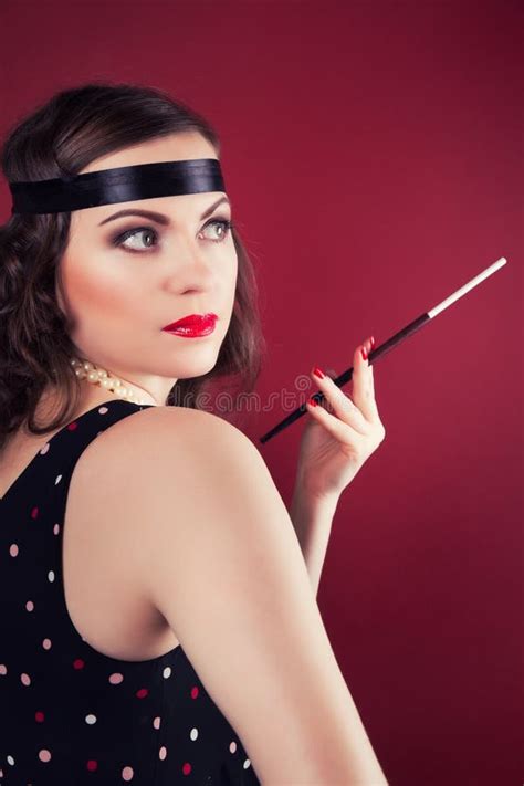 Beautiful Retro Woman Holding Mouthpiece Against Wine Red Backgr Stock Photo Image Of