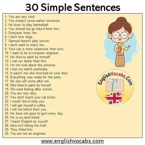 30 Simple Sentences Examples English Vocabs