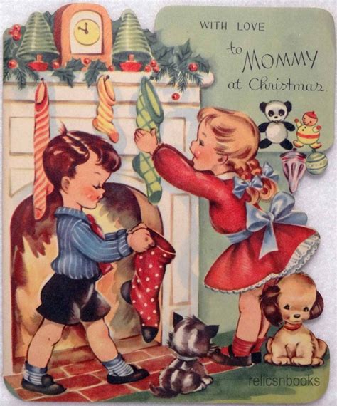 853 50s Kids Hang Their Stockings Vintage Diecut Christmas Card