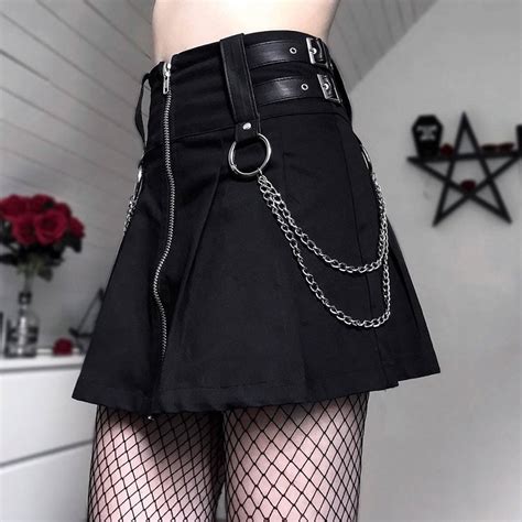 Summer Harajuku Gothic Skirts Women Casual High Waist Zipper Chain