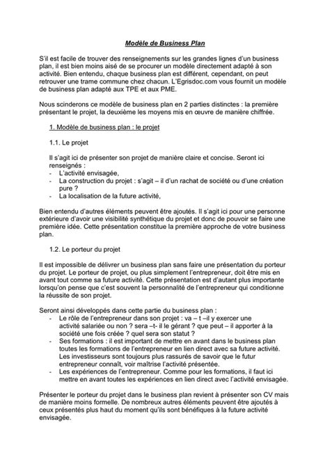 Mod Le De Business Plan Doc Pdf Page Sur