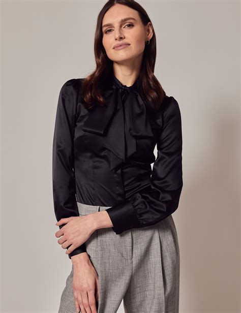 Womens Black Fitted Satin Blouse Pussy Bow Hawes And Curtis