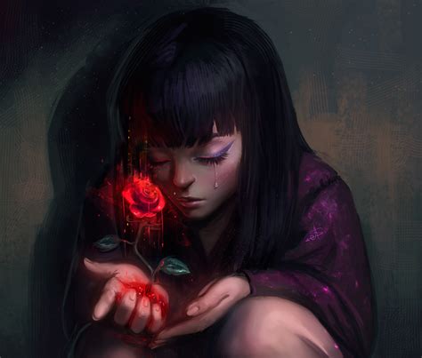 Sad Girl With Red Rose By Ayya Saparniyazova
