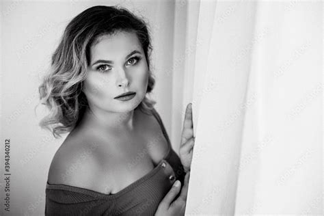 Black And White Portrait Of Young Beautiful Plus Size Woman Indoor Body Positive Femininity