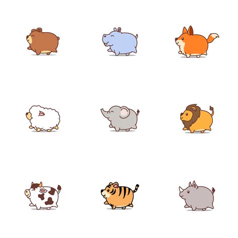 Cute Fat Animals Cartoon Icon Set Download Free Vectors