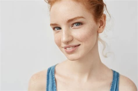 Free Photo Closeup Portrait Of Redhead Woman With Freckles Smiling