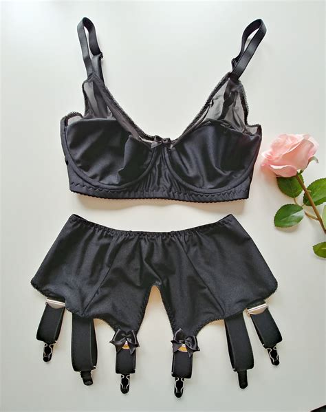 Black Semi Sheer Bra And Garter Belt Lingerie Set Etsy