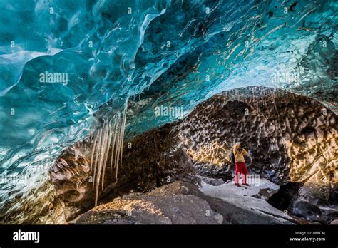 Exploring Glacial Ice Cave Svinafellsjokull Glacier Iceland Stock