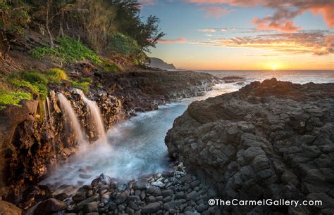 Queens Bath Double Waterfall In Kauai At Sunset
