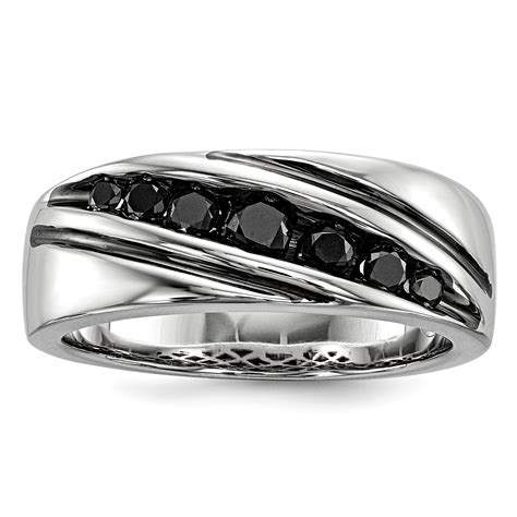 925 Sterling Silver Rhod Plated Black Diamond Mens Wedding Ring Band