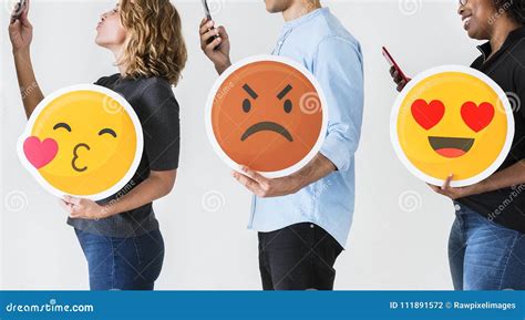 People Using Smartphones And Holding Emojis Stock Photo Image Of