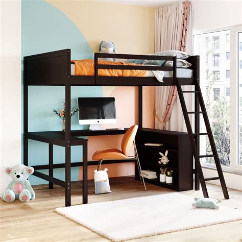 Buy Merax Full Size Wooden Loft Bed With 3 Storage Shelves And Built In L Shape Desk Multi