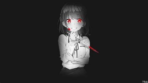 Anime Red Eyes Monochrome Blood Blushing Knife Smiling Short