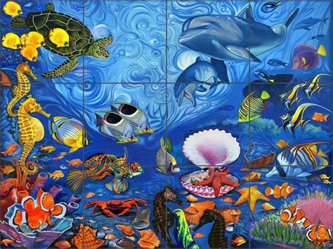Ceramic Tile Backsplash Mural Agudelo Undersea Turtle Dolphin Fish Art