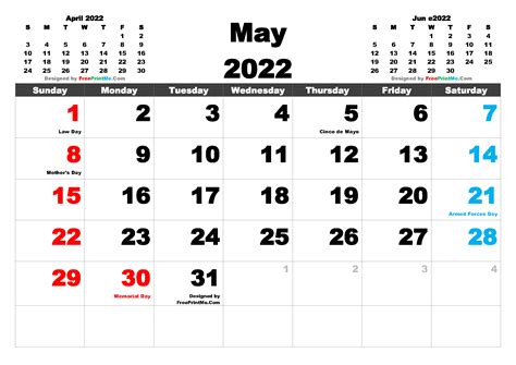 May 2022 Printable Calendar With Holidays Printable Word Searches