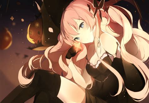 Wallpaper Anime Girl Halloween 2016 Pink Hair Black Dress Pumpkins