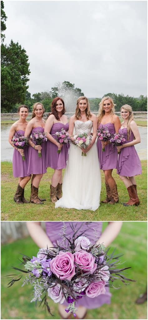 Purple Bridesmaid Dresses With Cowboy Boots At Twisted Ranch Wedding In