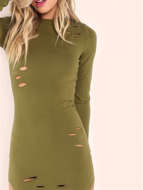 Olive Green Curved Hem Ripped Bodycon Dress