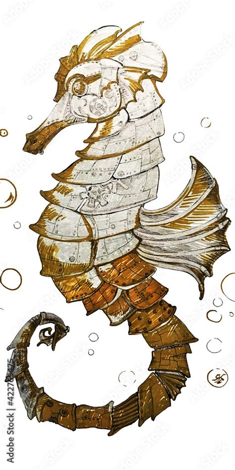 Seahorse Steampunk Art Illustration Seahorse Sea Animal Watercolor