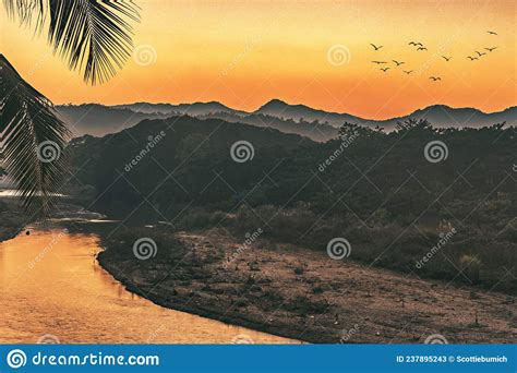 Sunset Over The Mountains With River And Palm Tree Stock Image Image