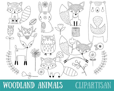 Woodland Animals Digital Stamp Line Art Eps Vector с изображениями