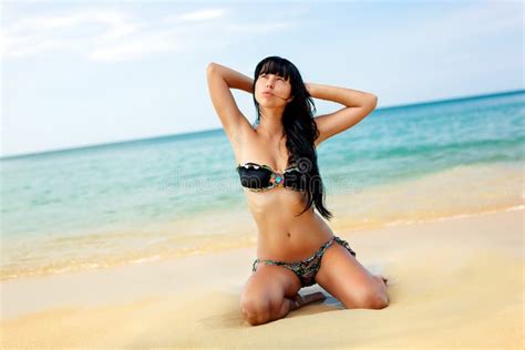 Brunette Beautiful Model Posing On A Beach Stock Image Image Of