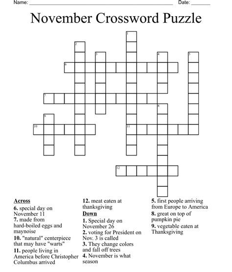 November Crossword Puzzle Wordmint