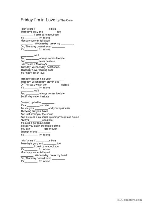 Friday Im In Love By The Cure Song English Esl Worksheets Pdf And Doc