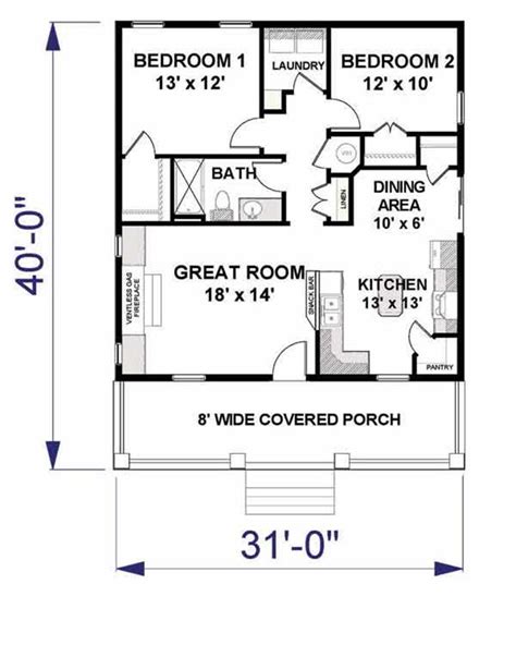 2 Bedroom 992 Sq Ft Tinysmall House Plan With Porch 123 1042