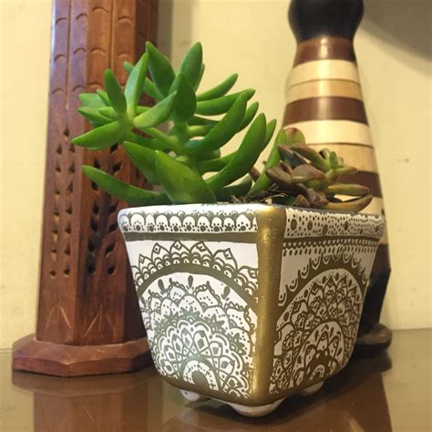 Mandala Pot Flower Plant Succulents Design Decor Golden Handmade Art
