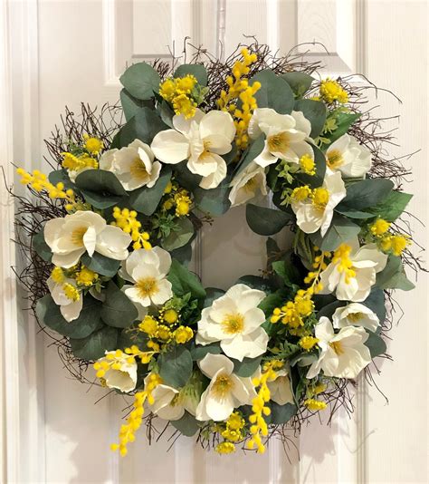 Magnolia Grapevine Wreath Front Door Wreath Yellow And White Wreath