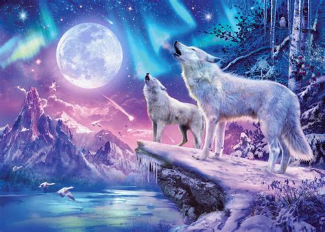 Wolves And Northern Lights Affordable Wall Mural Photowall