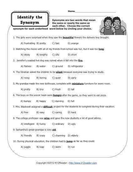 Identify The Synonym 4th Grade Worksheets