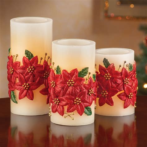 Led Holiday Poinsettia Candles Set Of 3 Collections Etc