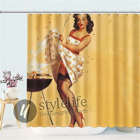 Retro Sexy Pin Up Girl Roast Fire Shower Curtain Home Decor Shower