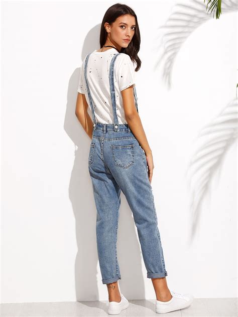 Shop Blue Ripped Embroidered Denim Jeans With Strap Online Shein