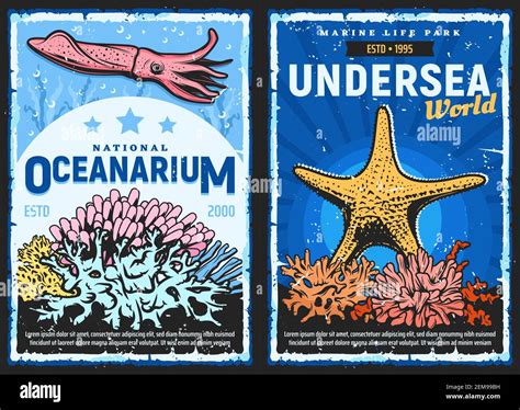 Oceanarium And Undersea World Vector Retro Vintage Posters Wild