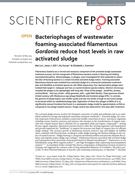 Pdf Bacteriophages Of Wastewater Foaming Associated Filamentous