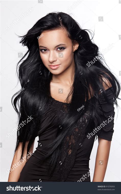Beautiful Young Woman With Black Long Hair Stock Photo 91076093